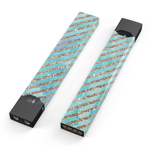 Blue Watercolor and Gold Glitter Diagonal Stripes - Premium Decal Protective Skin-Wrap Sticker compatible with the Juul Labs vaping device