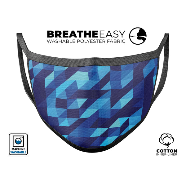 50 Shades of Blue Geometric Triangles - Made in USA Mouth Cover Unisex Anti-Dust Cotton Blend Reusable & Washable Face Mask with Adjustable Sizing for Adult or Child