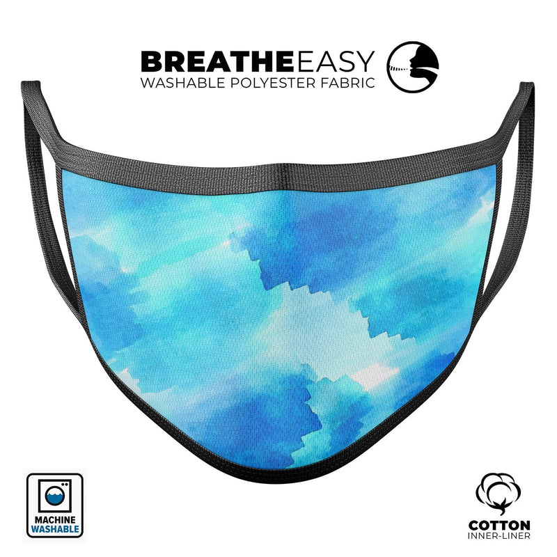 Abstract Blue Stroked Watercolour - Made in USA Mouth Cover Unisex Anti-Dust Cotton Blend Reusable & Washable Face Mask with Adjustable Sizing for Adult or Child