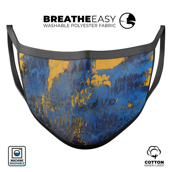 Abstract Blue and Gold Wet Paint - Made in USA Mouth Cover Unisex Anti-Dust Cotton Blend Reusable & Washable Face Mask with Adjustable Sizing for Adult or Child
