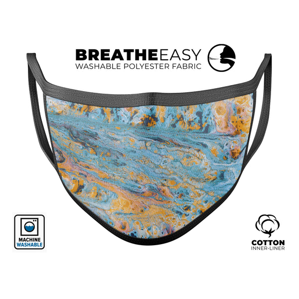 Abstract Wet Paint Teal and Gold - Made in USA Mouth Cover Unisex Anti-Dust Cotton Blend Reusable & Washable Face Mask with Adjustable Sizing for Adult or Child