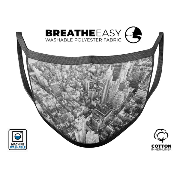 Aerial CityScape Black and White - Made in USA Mouth Cover Unisex Anti-Dust Cotton Blend Reusable & Washable Face Mask with Adjustable Sizing for Adult or Child