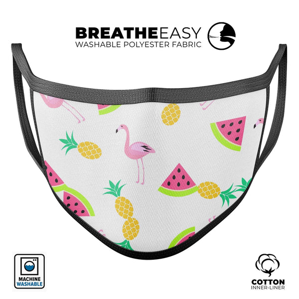 Animated Flamingos and Fruit - Made in USA Mouth Cover Unisex Anti-Dust Cotton Blend Reusable & Washable Face Mask with Adjustable Sizing for Adult or Child