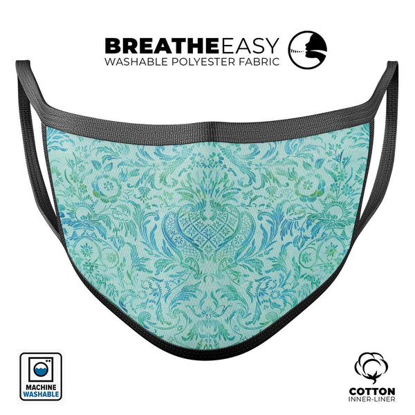 Aqua Damask v2 Watercolor Pattern - Made in USA Mouth Cover Unisex Anti-Dust Cotton Blend Reusable & Washable Face Mask with Adjustable Sizing for Adult or Child