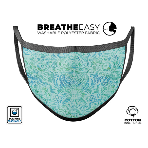 Aqua Damask v2 Watercolor Pattern - Made in USA Mouth Cover Unisex Anti-Dust Cotton Blend Reusable & Washable Face Mask with Adjustable Sizing for Adult or Child