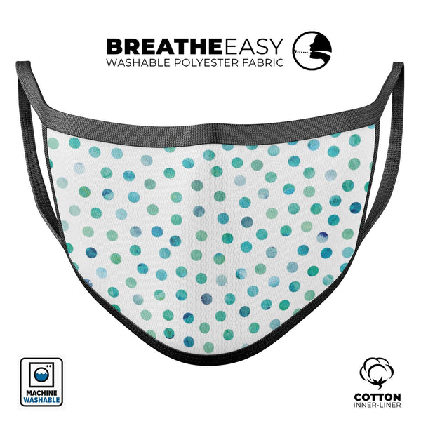 Aqua Watercolor Dots over White - Made in USA Mouth Cover Unisex Anti-Dust Cotton Blend Reusable & Washable Face Mask with Adjustable Sizing for Adult or Child