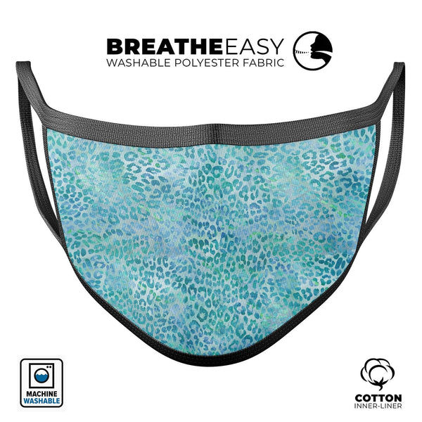 Aqua Watercolor Leopard Pattern - Made in USA Mouth Cover Unisex Anti-Dust Cotton Blend Reusable & Washable Face Mask with Adjustable Sizing for Adult or Child