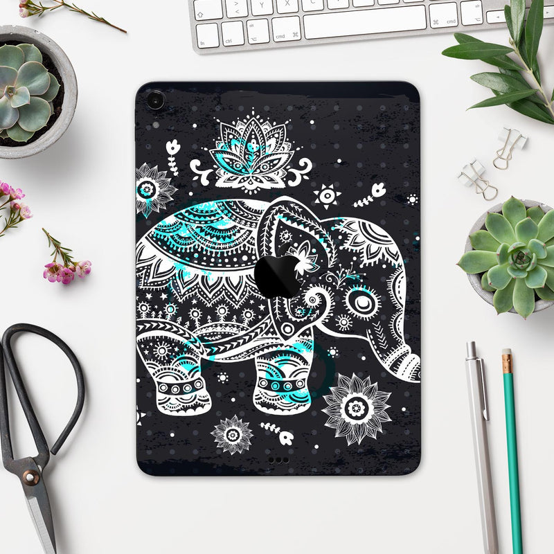 Aztec Elephant Blue Accented Modern Illustration - Full Body Skin Decal for the Apple iPad Pro 12.9", 11", 10.5", 9.7", Air or Mini (All Models Available)