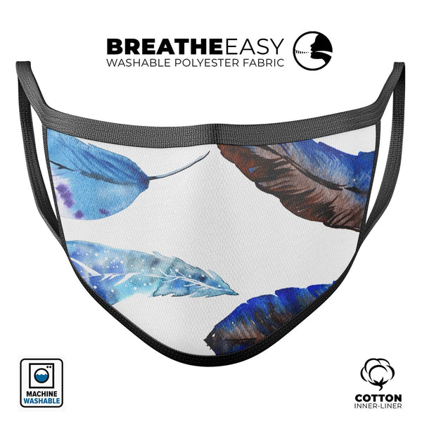 Azul Watercolor Feathers - Made in USA Mouth Cover Unisex Anti-Dust Cotton Blend Reusable & Washable Face Mask with Adjustable Sizing for Adult or Child
