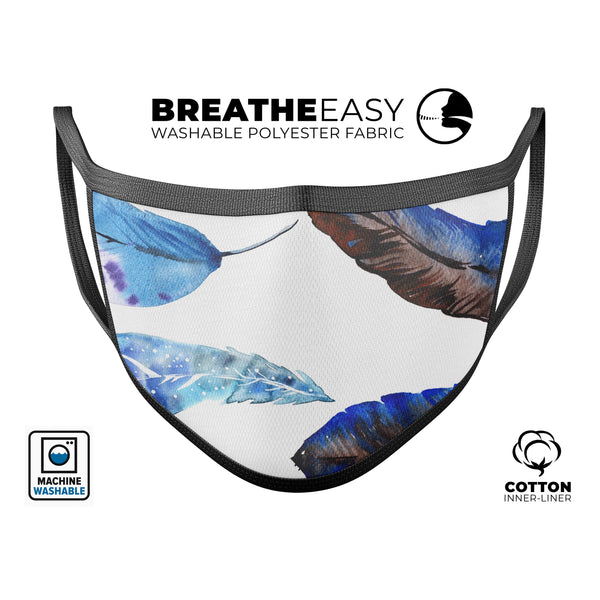 Azul Watercolor Feathers - Made in USA Mouth Cover Unisex Anti-Dust Cotton Blend Reusable & Washable Face Mask with Adjustable Sizing for Adult or Child