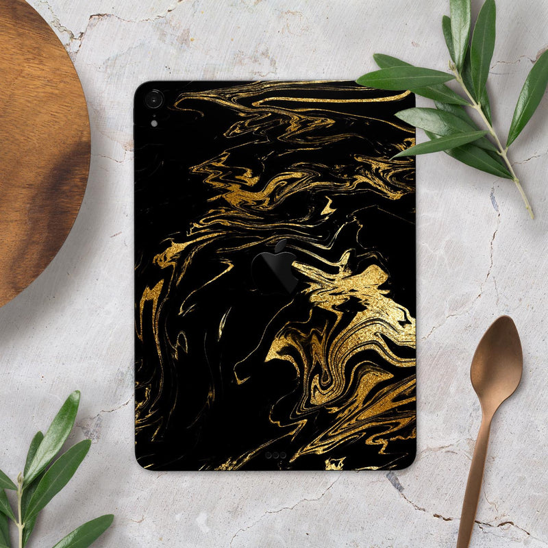 Black & Gold Marble Swirl V12 - Full Body Skin Decal for the Apple iPad Pro 12.9", 11", 10.5", 9.7", Air or Mini (All Models Available)