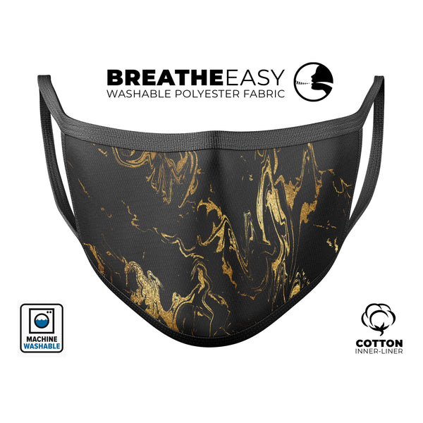 Black & Gold Marble Swirl V1 - Made in USA Mouth Cover Unisex Anti-Dust Cotton Blend Reusable & Washable Face Mask with Adjustable Sizing for Adult or Child