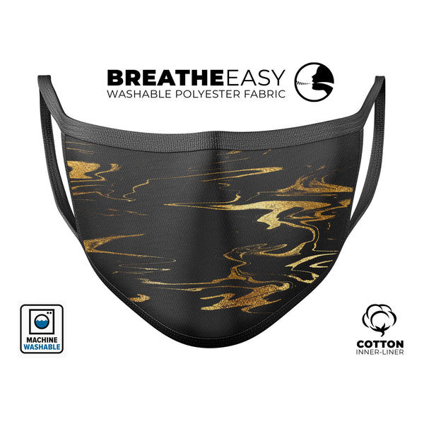 Black & Gold Marble Swirl V2 - Made in USA Mouth Cover Unisex Anti-Dust Cotton Blend Reusable & Washable Face Mask with Adjustable Sizing for Adult or Child