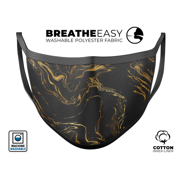 Black & Gold Marble Swirl V3 - Made in USA Mouth Cover Unisex Anti-Dust Cotton Blend Reusable & Washable Face Mask with Adjustable Sizing for Adult or Child