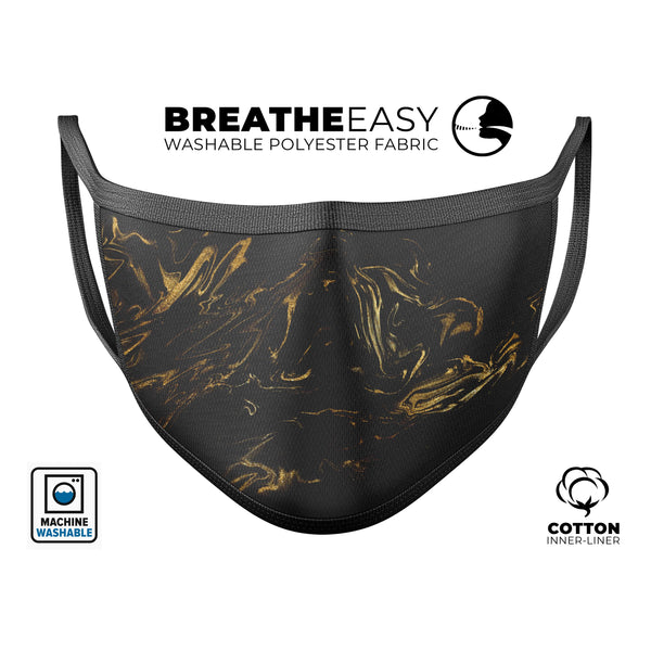 Black & Gold Marble Swirl V4 - Made in USA Mouth Cover Unisex Anti-Dust Cotton Blend Reusable & Washable Face Mask with Adjustable Sizing for Adult or Child