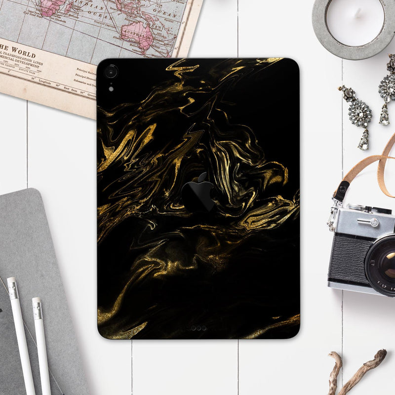 Black & Gold Marble Swirl V4 - Full Body Skin Decal for the Apple iPad Pro 12.9", 11", 10.5", 9.7", Air or Mini (All Models Available)