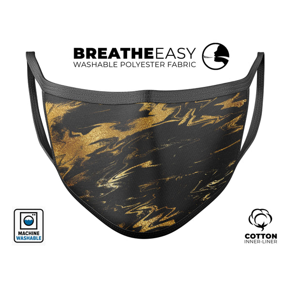 Black & Gold Marble Swirl V5 - Made in USA Mouth Cover Unisex Anti-Dust Cotton Blend Reusable & Washable Face Mask with Adjustable Sizing for Adult or Child