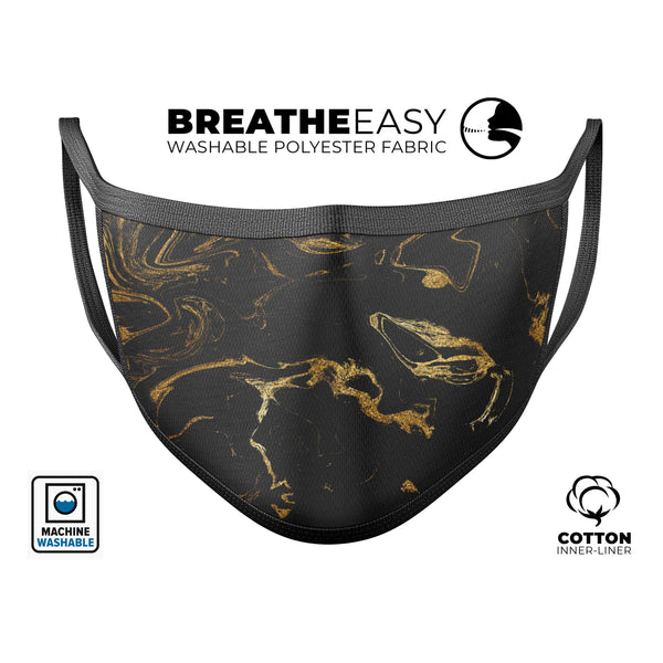 Black & Gold Marble Swirl V8 - Made in USA Mouth Cover Unisex Anti-Dust Cotton Blend Reusable & Washable Face Mask with Adjustable Sizing for Adult or Child