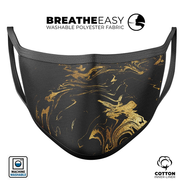 Black & Gold Marble Swirl V12 - Made in USA Mouth Cover Unisex Anti-Dust Cotton Blend Reusable & Washable Face Mask with Adjustable Sizing for Adult or Child