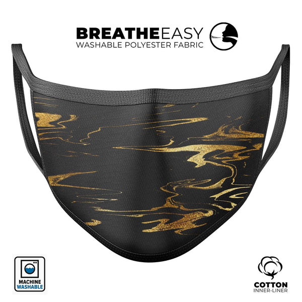 Black & Gold Marble Swirl V2 - Made in USA Mouth Cover Unisex Anti-Dust Cotton Blend Reusable & Washable Face Mask with Adjustable Sizing for Adult or Child