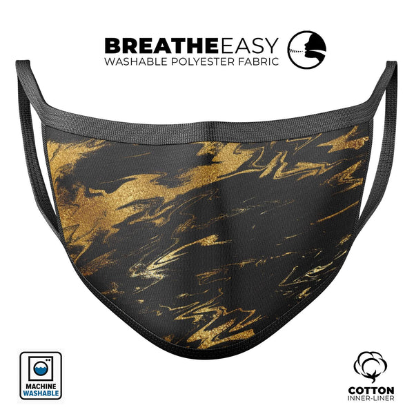 Black & Gold Marble Swirl V5 - Made in USA Mouth Cover Unisex Anti-Dust Cotton Blend Reusable & Washable Face Mask with Adjustable Sizing for Adult or Child