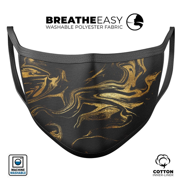 Black & Gold Marble Swirl V7 - Made in USA Mouth Cover Unisex Anti-Dust Cotton Blend Reusable & Washable Face Mask with Adjustable Sizing for Adult or Child