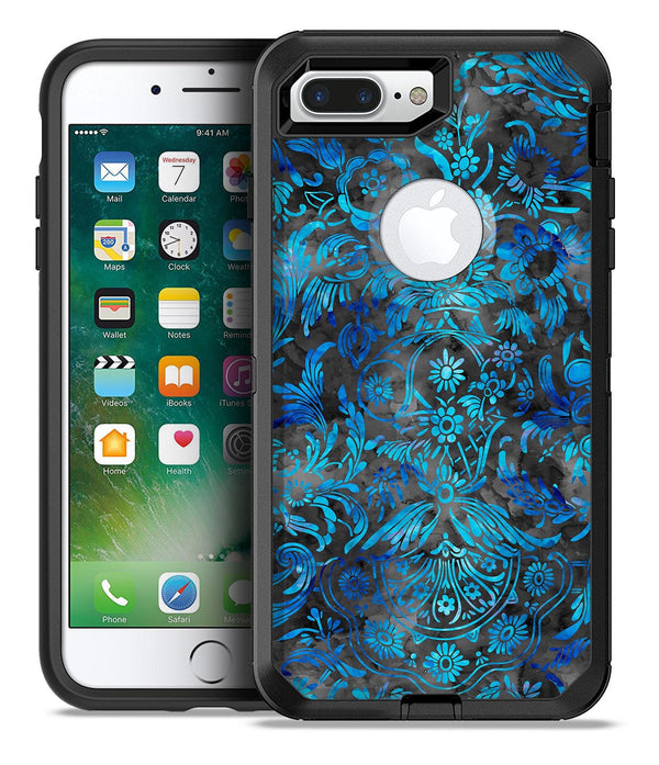 Black and Blue Damask Watercolor Pattern - iPhone 7 or 7 Plus Commuter Case Skin Kit