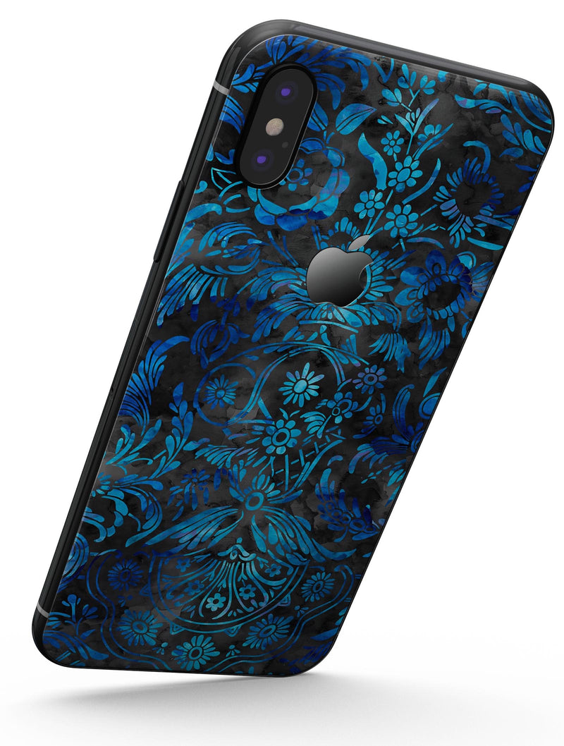 Black and Blue Damask Watercolor Pattern - iPhone X Skin-Kit
