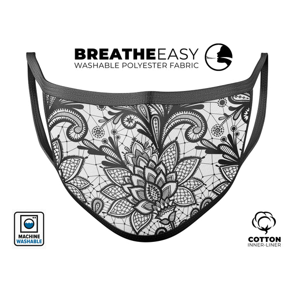Black and White Geometric Floral - Made in USA Mouth Cover Unisex Anti-Dust Cotton Blend Reusable & Washable Face Mask with Adjustable Sizing for Adult or Child