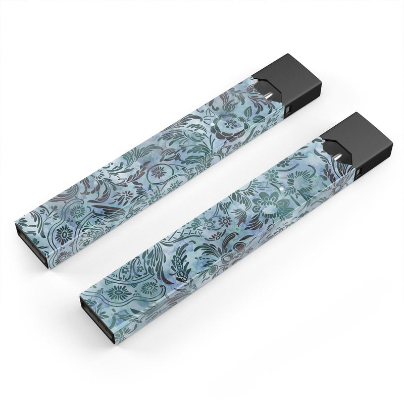 Blue-Green Damask Watercolor Pattern - Premium Decal Protective Skin-Wrap Sticker compatible with the Juul Labs vaping device