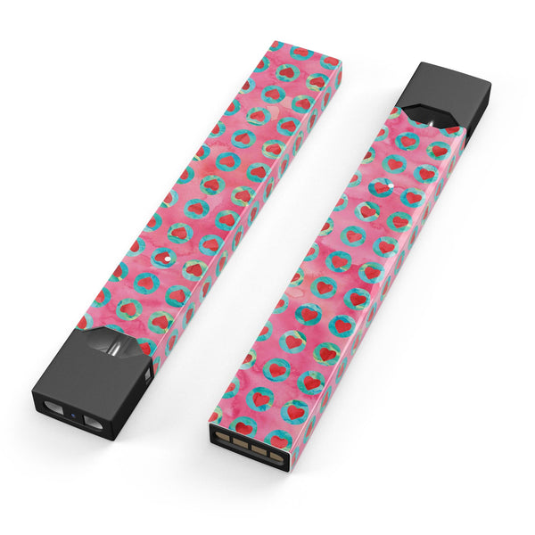Blue-Green Polka Dots with Hearts Pattern on Pink Watercolor - Premium Decal Protective Skin-Wrap Sticker compatible with the Juul Labs vaping device