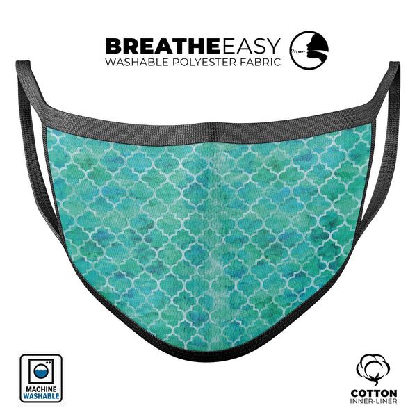 Blue-Green Watercolor Quatrefoil - Made in USA Mouth Cover Unisex Anti-Dust Cotton Blend Reusable & Washable Face Mask with Adjustable Sizing for Adult or Child