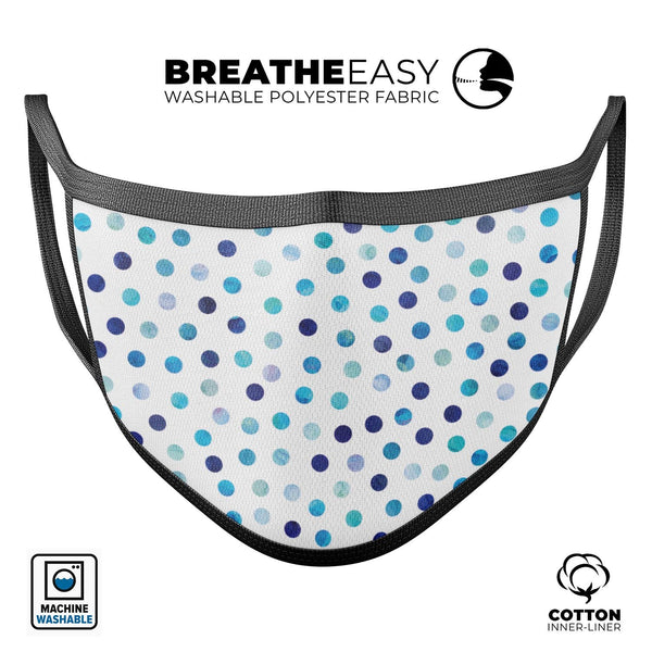Blue Watercolor Dots over White - Made in USA Mouth Cover Unisex Anti-Dust Cotton Blend Reusable & Washable Face Mask with Adjustable Sizing for Adult or Child