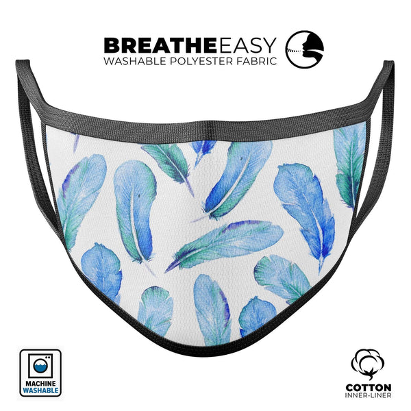 Blue Watercolor Feather Pattern - Made in USA Mouth Cover Unisex Anti-Dust Cotton Blend Reusable & Washable Face Mask with Adjustable Sizing for Adult or Child