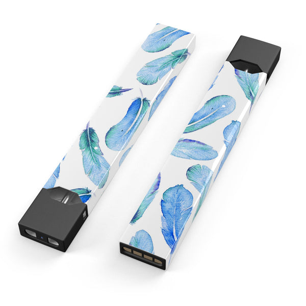 Blue Watercolor Feather Pattern - Premium Decal Protective Skin-Wrap Sticker compatible with the Juul Labs vaping device