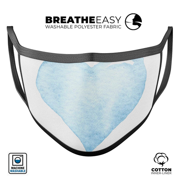 Blue Watercolor Heart - Made in USA Mouth Cover Unisex Anti-Dust Cotton Blend Reusable & Washable Face Mask with Adjustable Sizing for Adult or Child