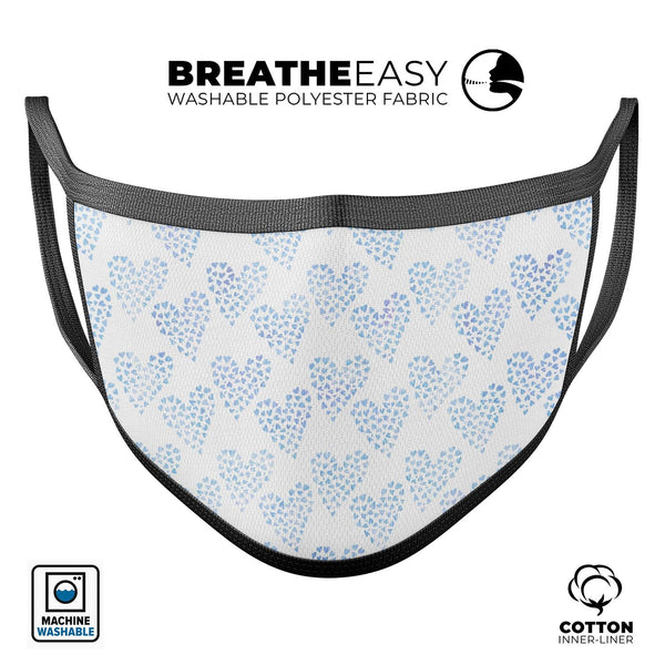 Blue Watercolor Hearts Pattern - Made in USA Mouth Cover Unisex Anti-Dust Cotton Blend Reusable & Washable Face Mask with Adjustable Sizing for Adult or Child