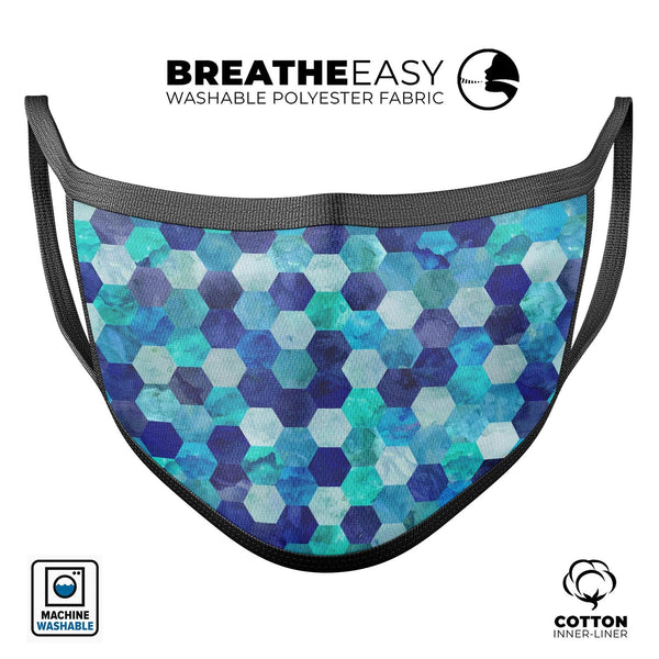 Blue Watercolor Hexagon Pattern - Made in USA Mouth Cover Unisex Anti-Dust Cotton Blend Reusable & Washable Face Mask with Adjustable Sizing for Adult or Child