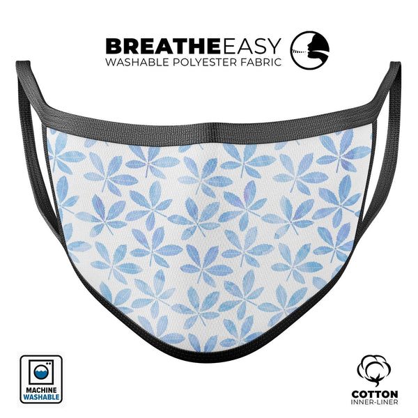 Blue Watercolor Leaves - Made in USA Mouth Cover Unisex Anti-Dust Cotton Blend Reusable & Washable Face Mask with Adjustable Sizing for Adult or Child