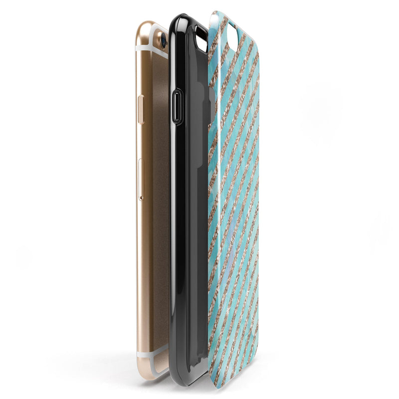 Blue Watercolor and Gold Glitter Diagonal Stripes iPhone 6/6s or 6/6s Plus 2-Piece Hybrid INK-Fuzed Case