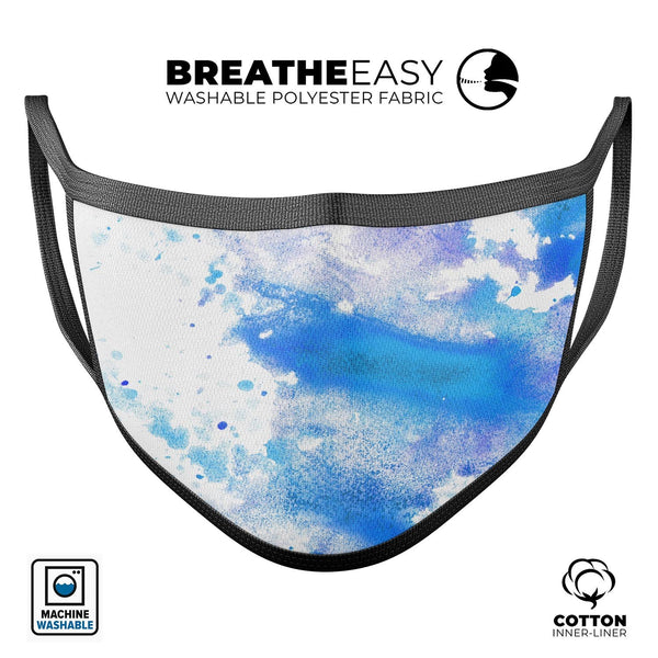 Blue Watercolor on White - Made in USA Mouth Cover Unisex Anti-Dust Cotton Blend Reusable & Washable Face Mask with Adjustable Sizing for Adult or Child