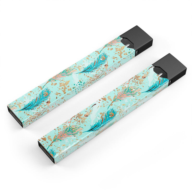 Blue and Coral Feathers Over Teal Strokes - Premium Decal Protective Skin-Wrap Sticker compatible with the Juul Labs vaping device
