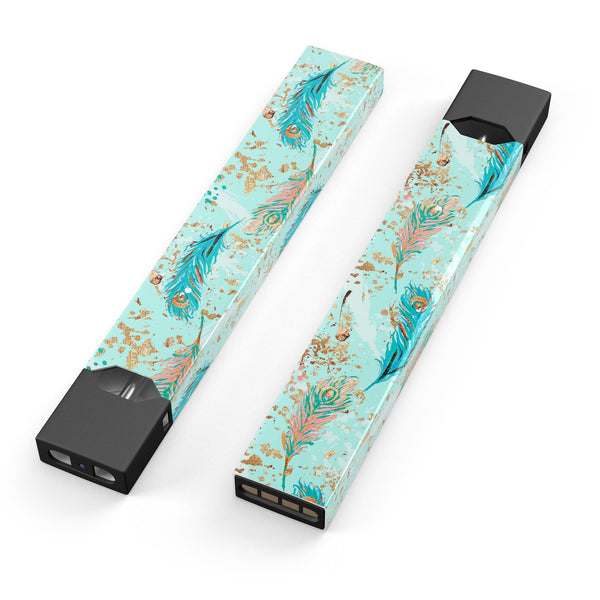 Blue and Coral Feathers Over Teal Strokes - Premium Decal Protective Skin-Wrap Sticker compatible with the Juul Labs vaping device