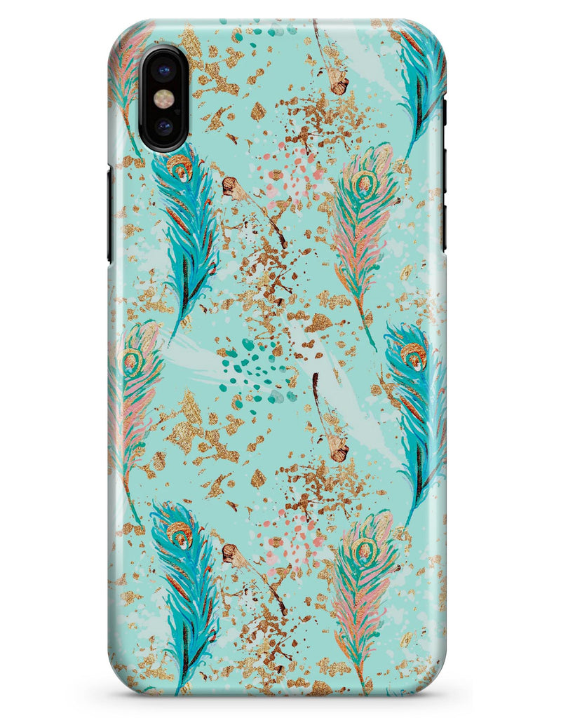 Blue and Coral Feathers Over Teal Strokes - iPhone X Clipit Case