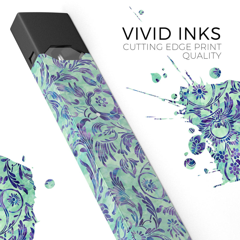 Blue and Green Damask Watercolor Pattern - Premium Decal Protective Skin-Wrap Sticker compatible with the Juul Labs vaping device