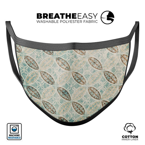 Brown Blue and Tan Circle Leaf Pattern - Made in USA Mouth Cover Unisex Anti-Dust Cotton Blend Reusable & Washable Face Mask with Adjustable Sizing for Adult or Child
