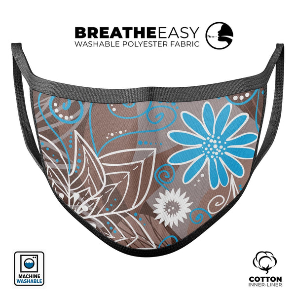 Brown Surface with Blue and White Whymsical Floral Pattern - Made in USA Mouth Cover Unisex Anti-Dust Cotton Blend Reusable & Washable Face Mask with Adjustable Sizing for Adult or Child