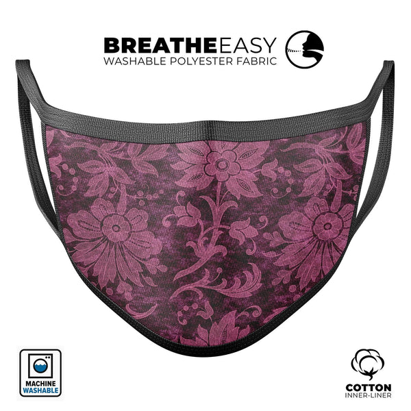Burgundy Floral Velvet v2 - Made in USA Mouth Cover Unisex Anti-Dust Cotton Blend Reusable & Washable Face Mask with Adjustable Sizing for Adult or Child