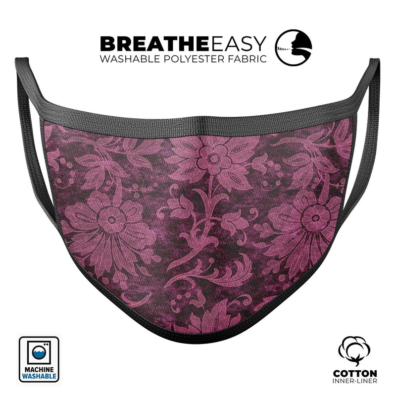 Burgundy Floral Velvet v2 - Made in USA Mouth Cover Unisex Anti-Dust Cotton Blend Reusable & Washable Face Mask with Adjustable Sizing for Adult or Child