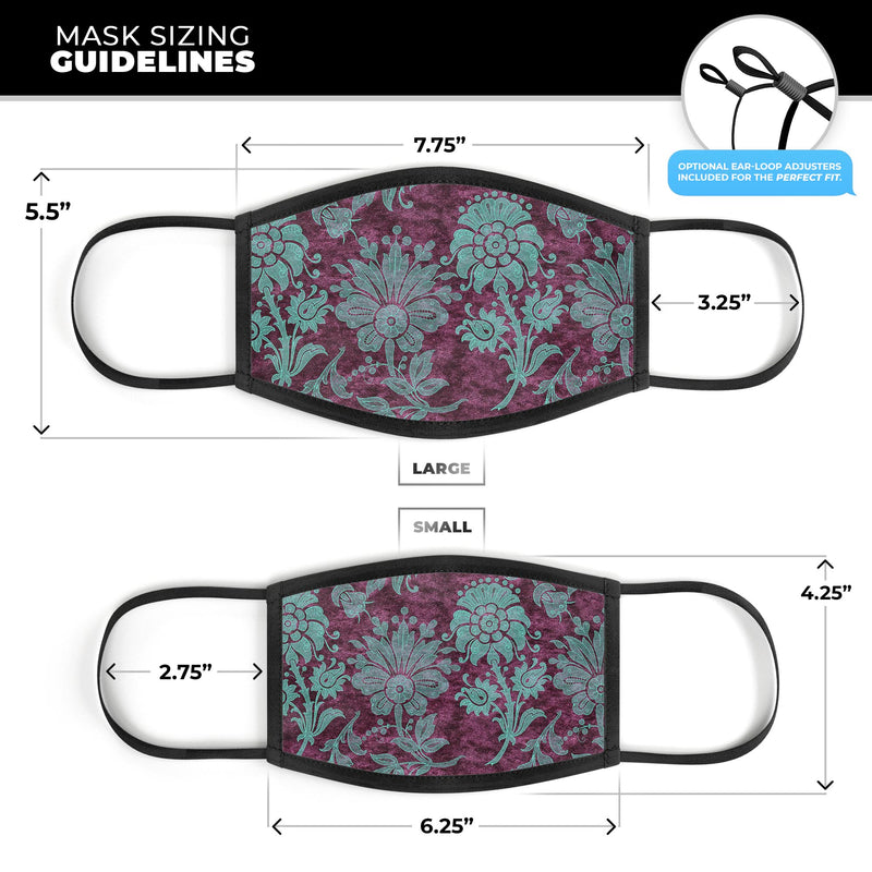 Burgundy and Turquoise Floral Velvet v3 - Made in USA Mouth Cover Unisex Anti-Dust Cotton Blend Reusable & Washable Face Mask with Adjustable Sizing for Adult or Child